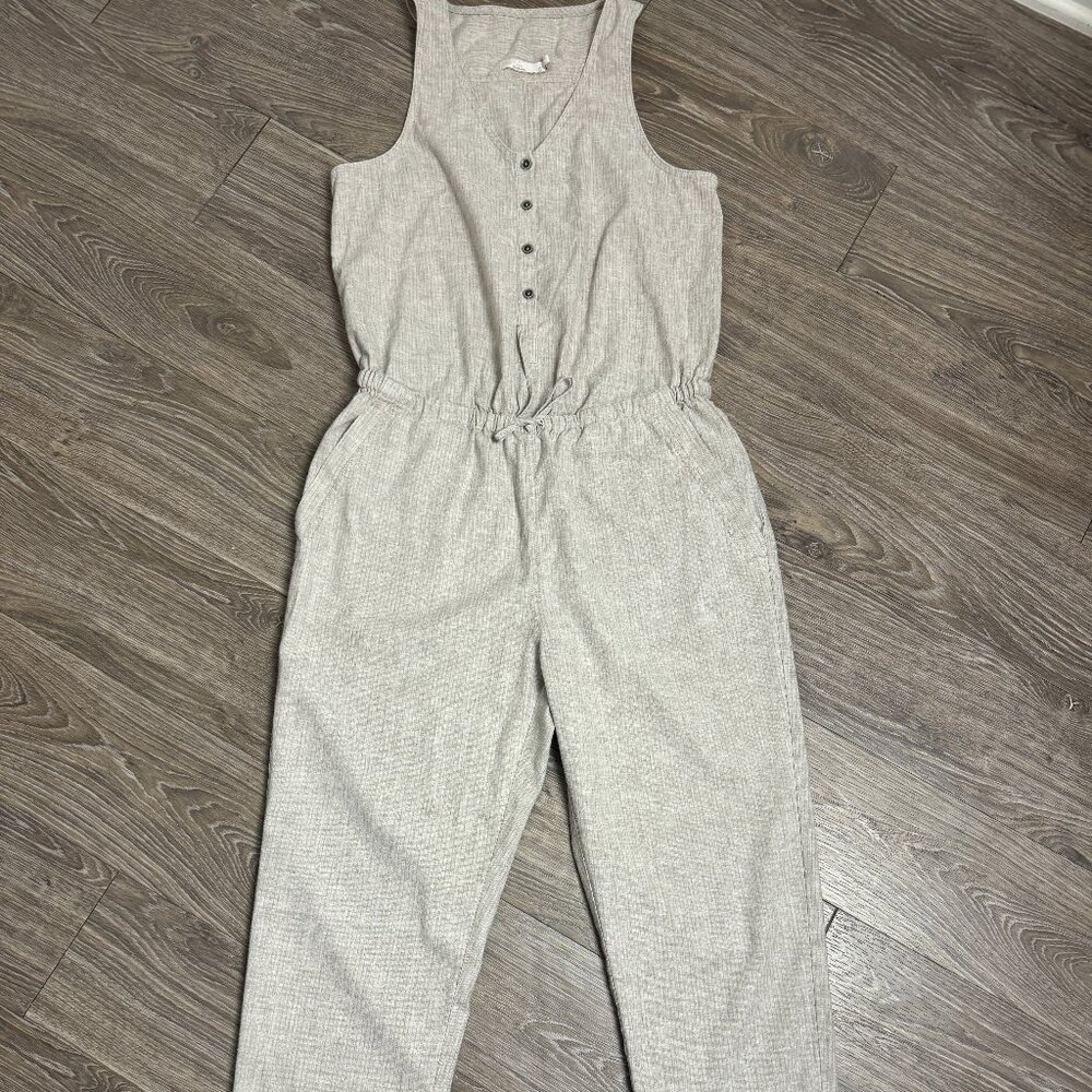 PRANA Jumpsuit Beige HEMP Blend 'Wayfarer' Buttons Drawstring Size S
